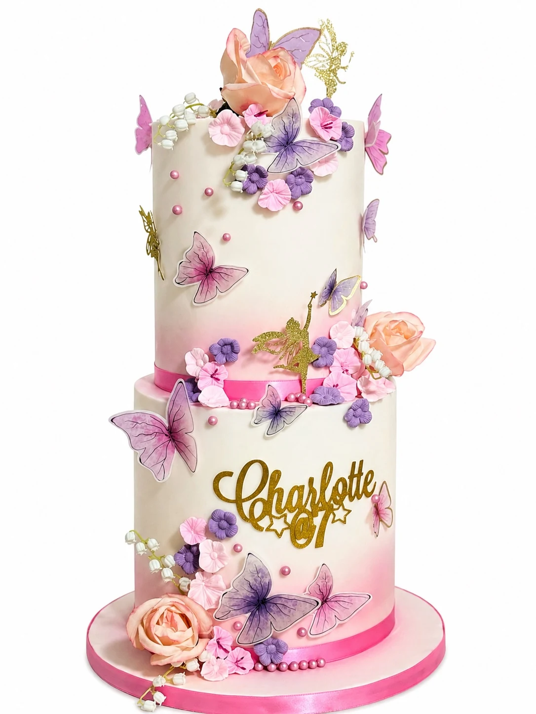 Two-tier white celebration cake decorated with pink and lavender butterflies, flowers and gold accents